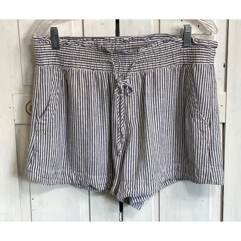 A New Day Linen Blend Smocked Waist Shorts Womens‎ L Blue White Striped Preppy